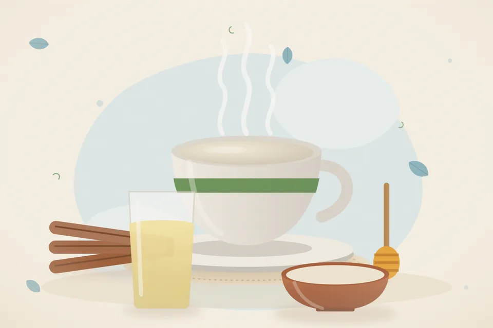 Illustrated still life with cinnamon, honey.