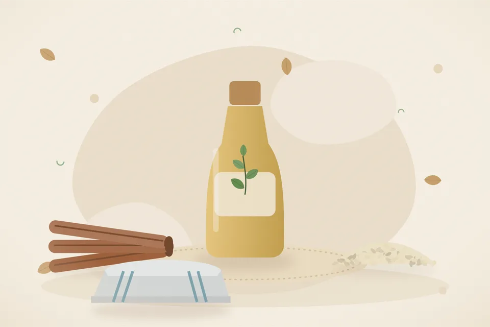 Illustrated still life with cinnamon, sesame seeds.
