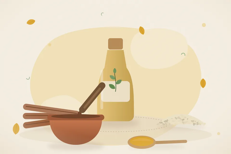 Illustrated still life with cinnamon, sesame seeds.