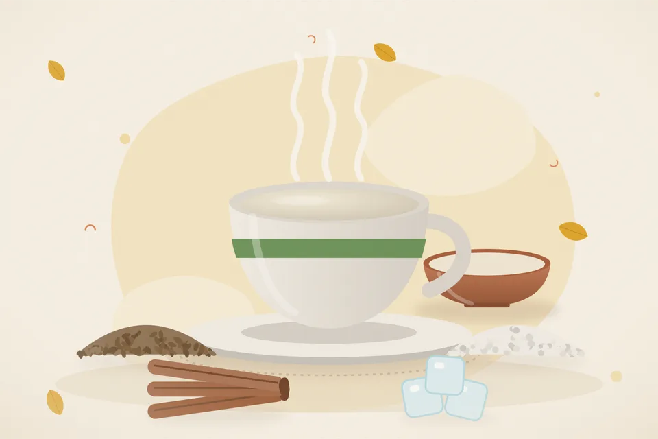 Illustrated still life with cumin seeds, rock salt, cinnamon, ice.