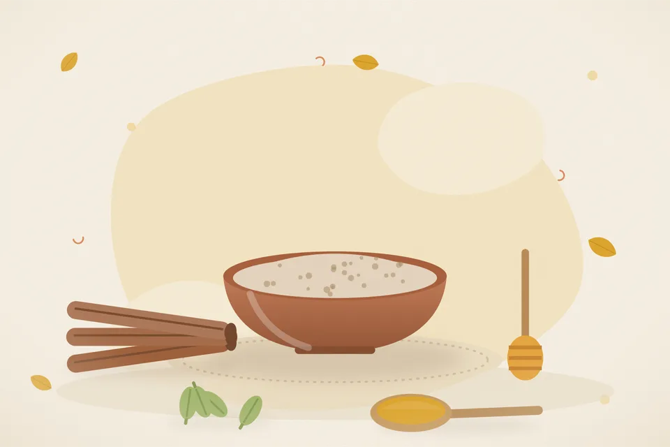 Illustrated still life with cinnamon, honey, cardamom.