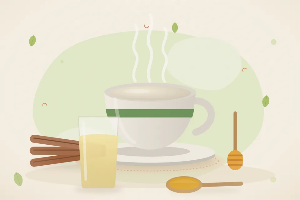 Illustrated still life with cinnamon, honey.