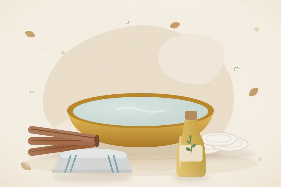 Illustrated still life with cinnamon, cotton pads, a folded cloth.