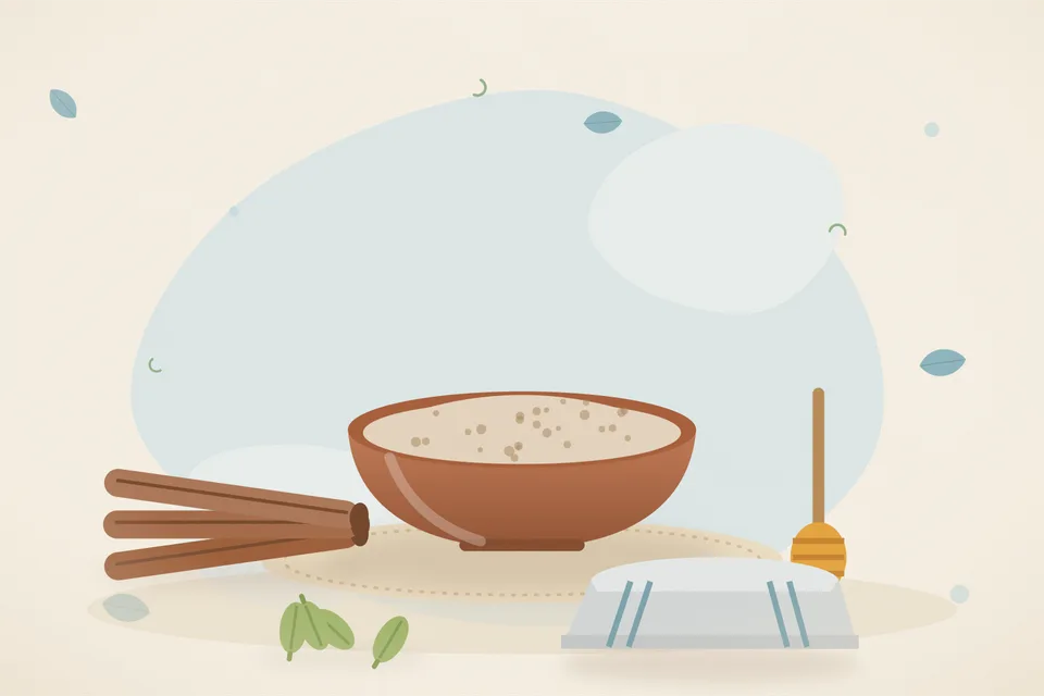 Illustrated still life with cinnamon, honey, cardamom.