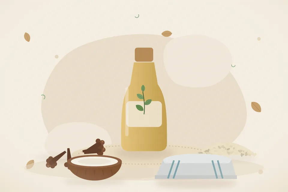 Illustrated still life with cloves, sesame seeds, coconut.