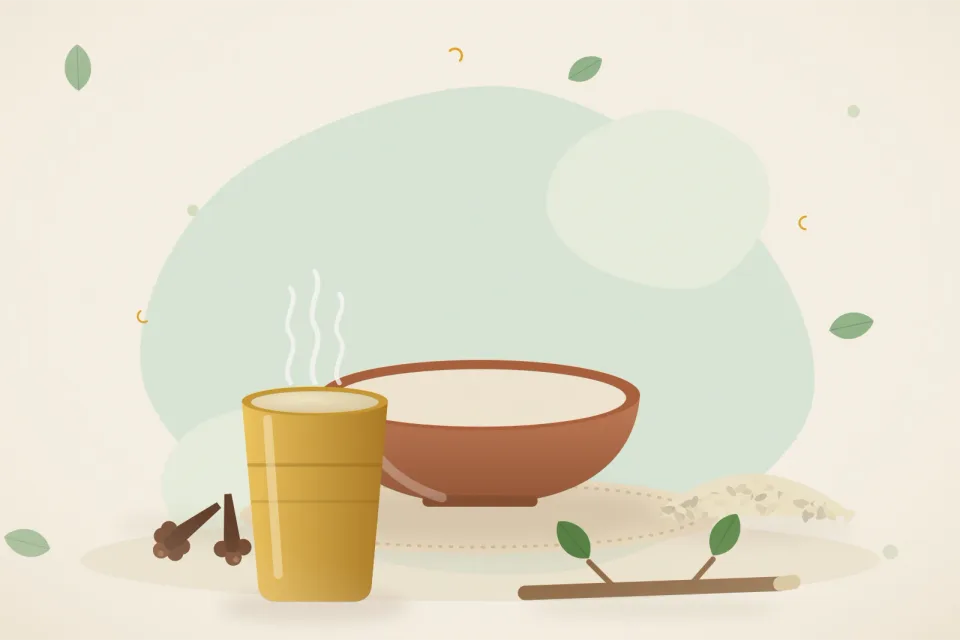 Illustrated still life with cloves, sesame seeds.