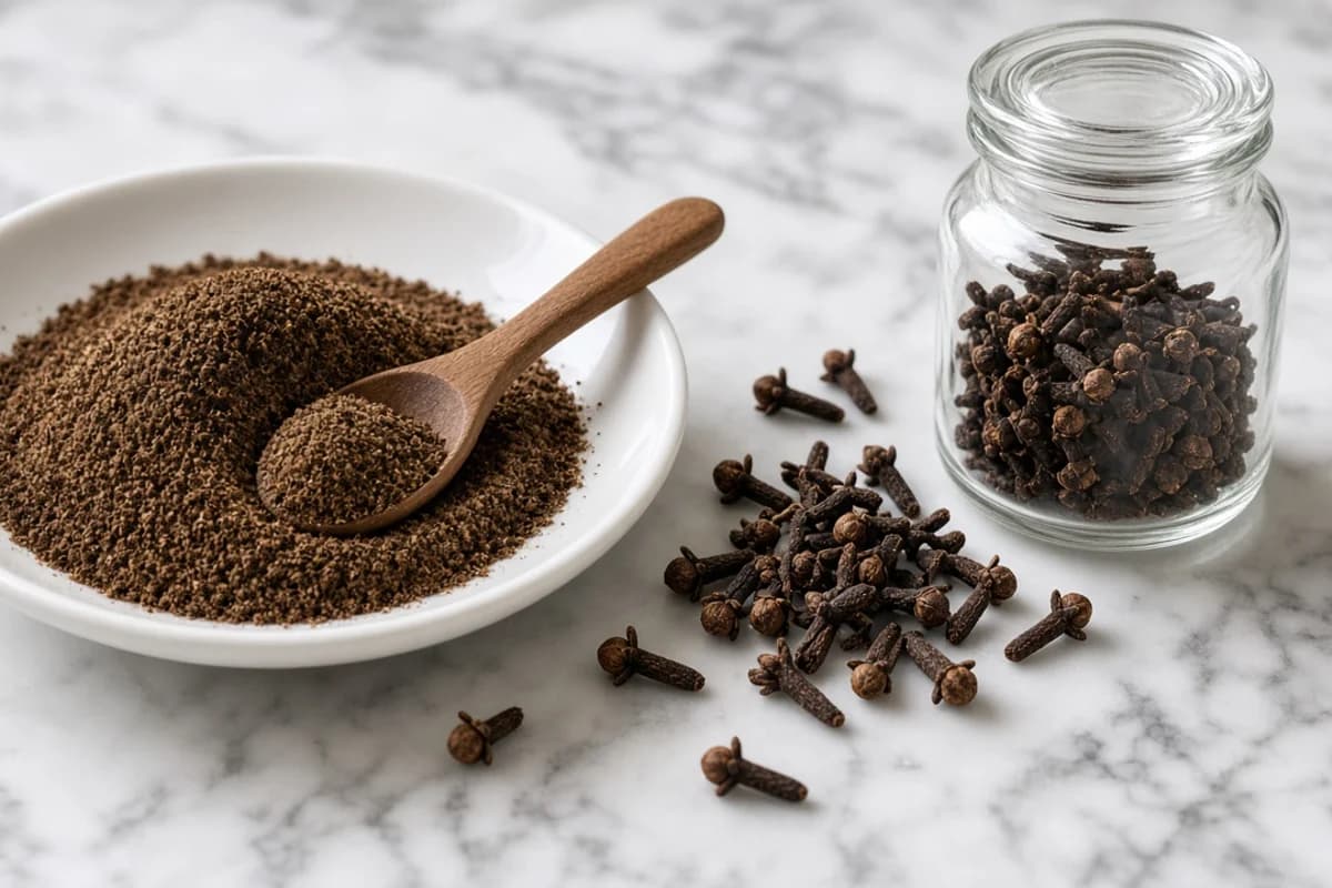 Illustrated still life with cloves, ice.