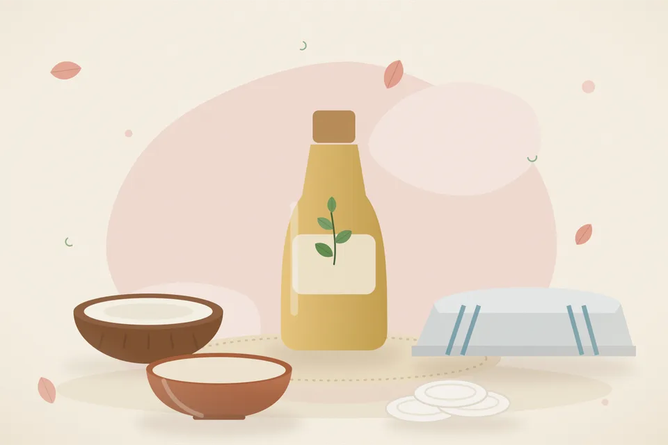 Illustrated still life with coconut, a folded cloth.