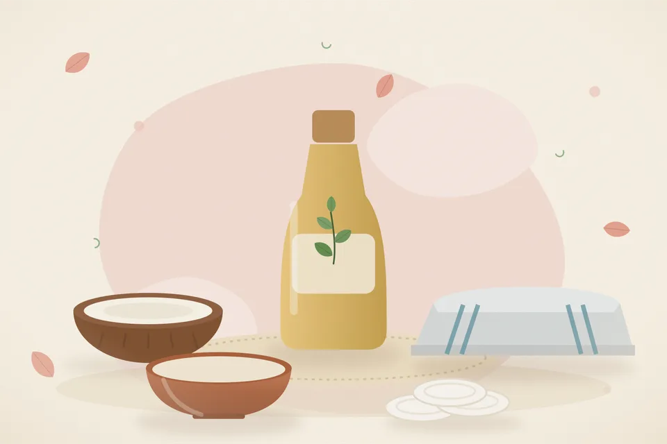 Illustrated still life with coconut, a folded cloth.