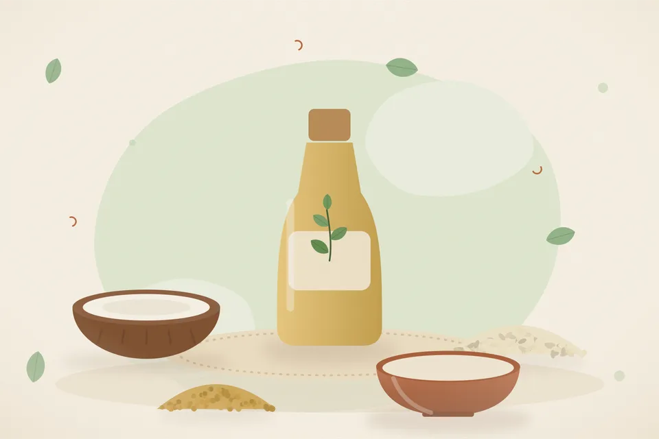 Illustrated still life with coconut, sesame seeds, fenugreek seeds.