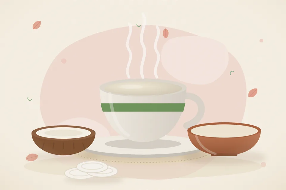 A piece of coconut, a small jug of milk and a bowl of thick coconut milk on a wooden board