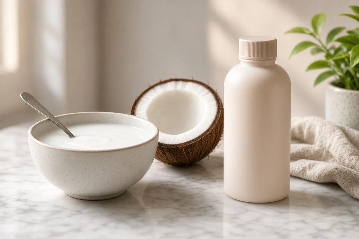 A bowl of white coconut milk with a spoon, a halved coconut and a cream-coloured bottle.