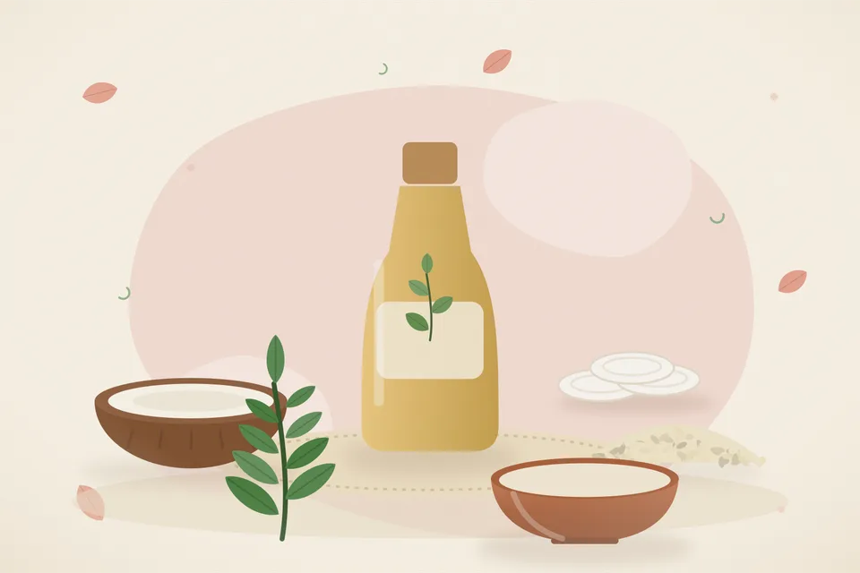 Illustrated still life with coconut, sesame seeds, neem leaves.