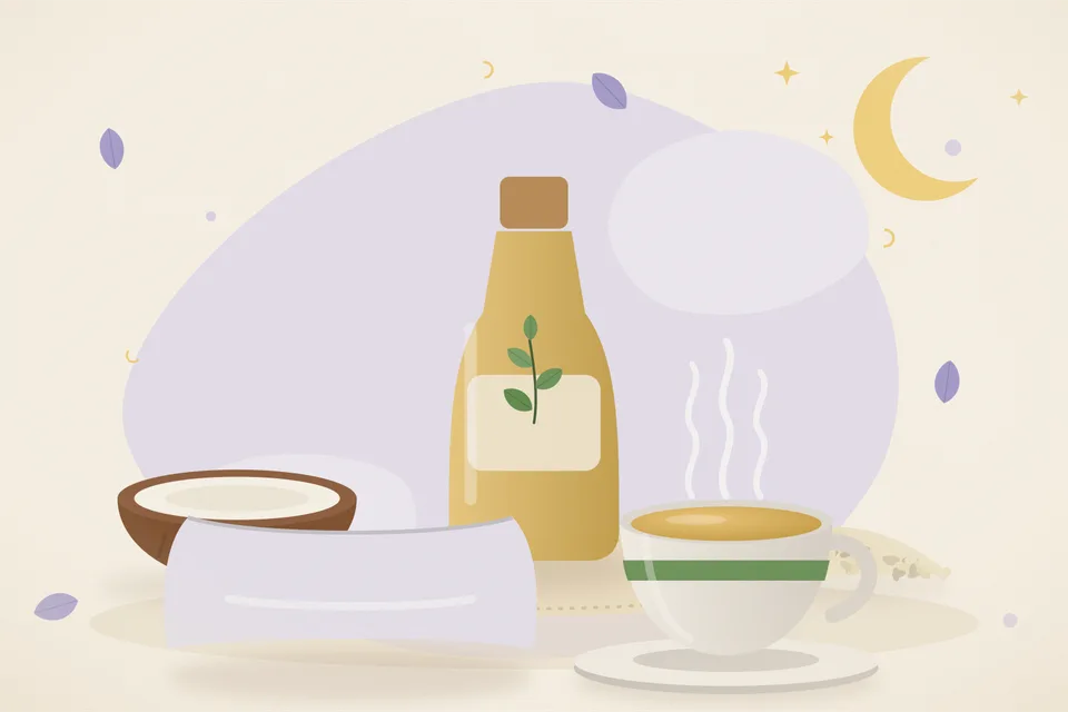 Illustrated still life with coconut, sesame seeds.