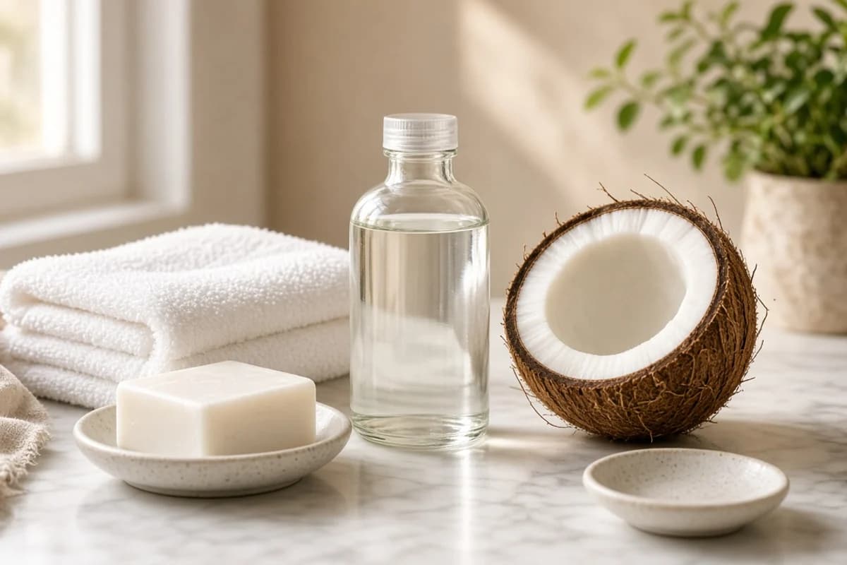 A glass bottle of clear coconut oil beside a halved coconut, a bar of soap and folded white towels on a bright counter.