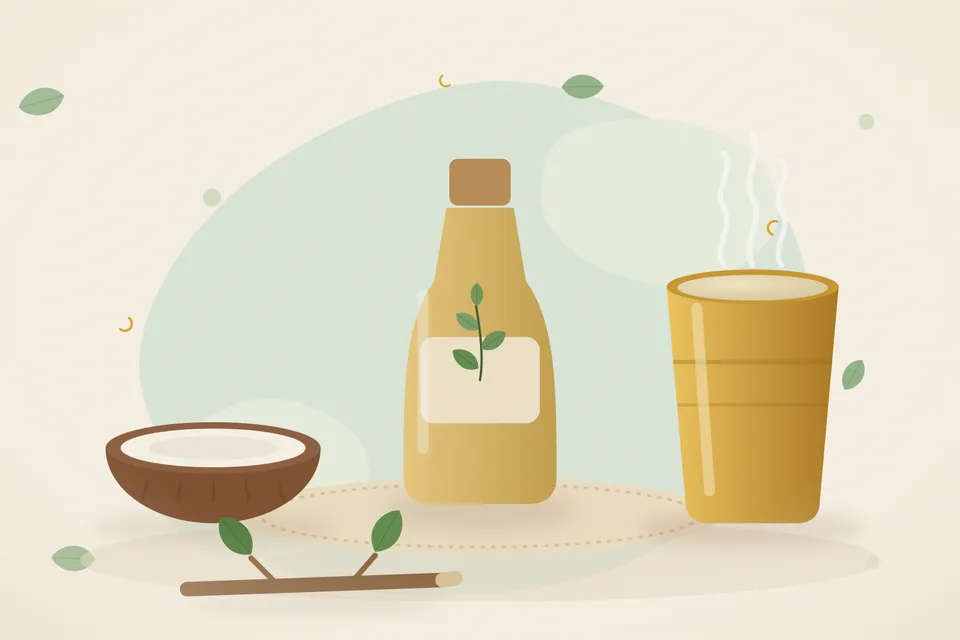 A small steel spoon of coconut oil beside a glass of water on a wooden kitchen counter, with a lidded bin at the edge.