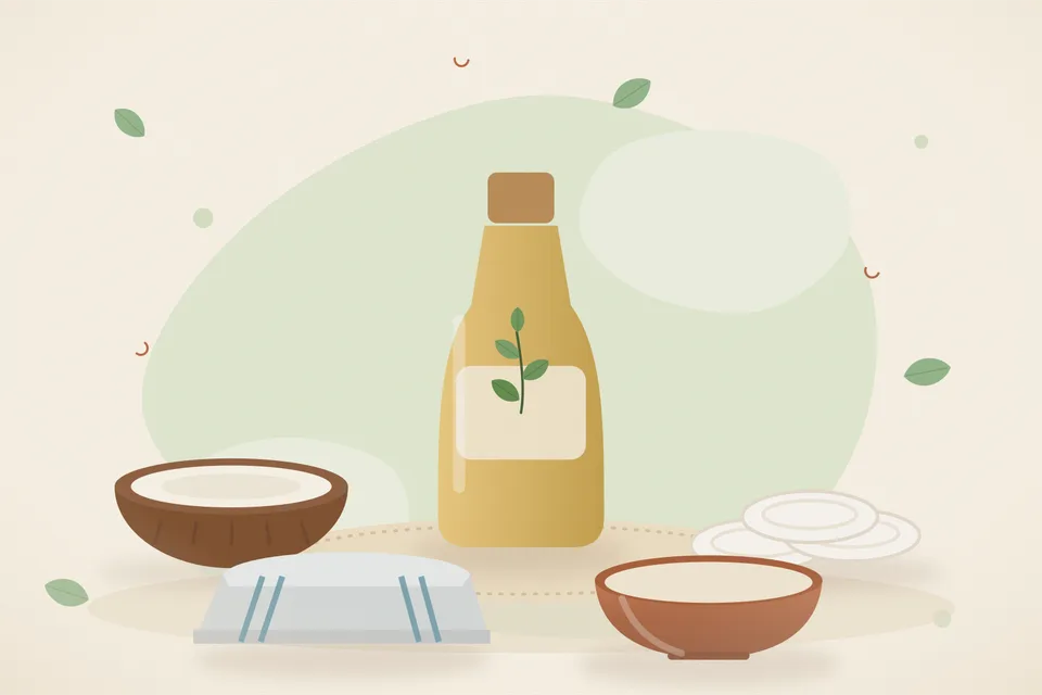 Illustrated still life with coconut, cotton pads, a folded cloth.
