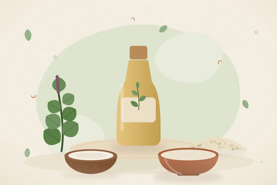 Illustrated still life with tulsi leaves, sesame seeds, coconut.