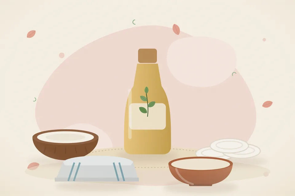 Illustrated still life with coconut, cotton pads, a folded cloth.