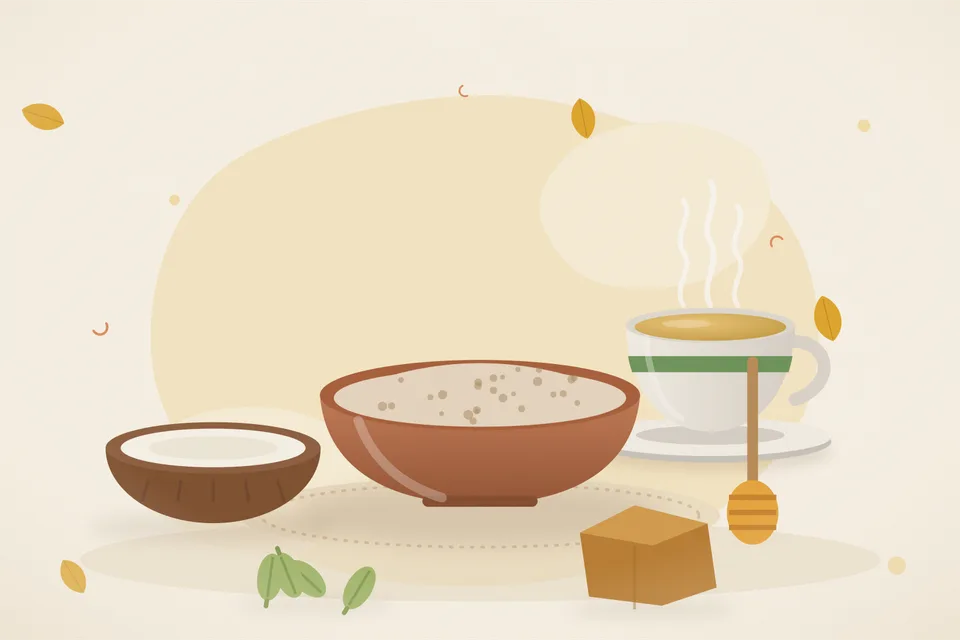 Illustrated still life with coconut, honey, cardamom, jaggery.