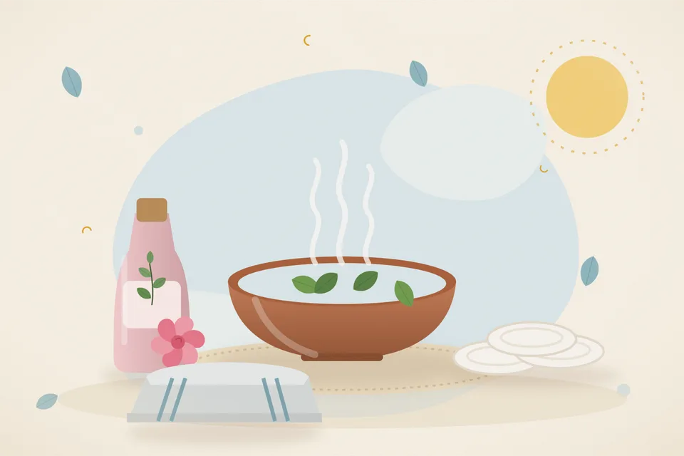 Illustrated still life with rose water, cotton pads, a folded cloth.