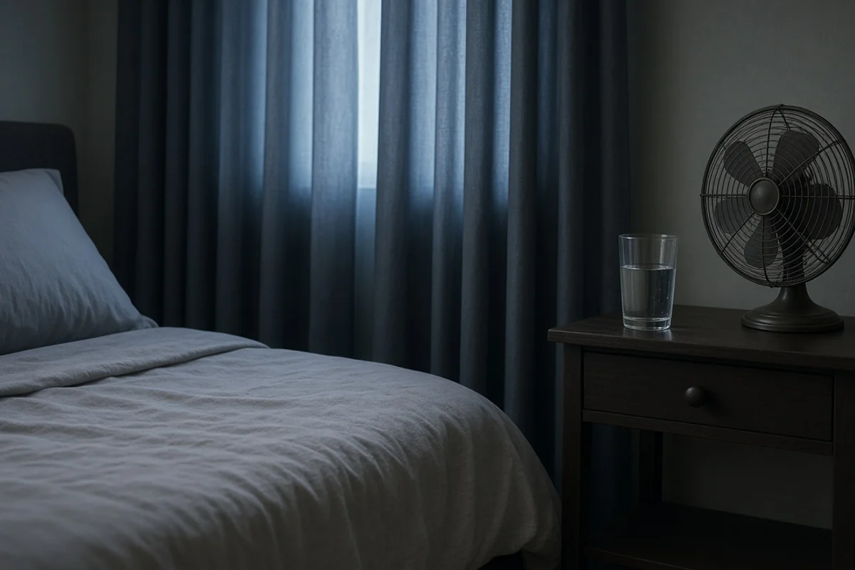 A dim bedroom with a made bed, a dark wooden bedside table holding a glass of water, and a small fan.