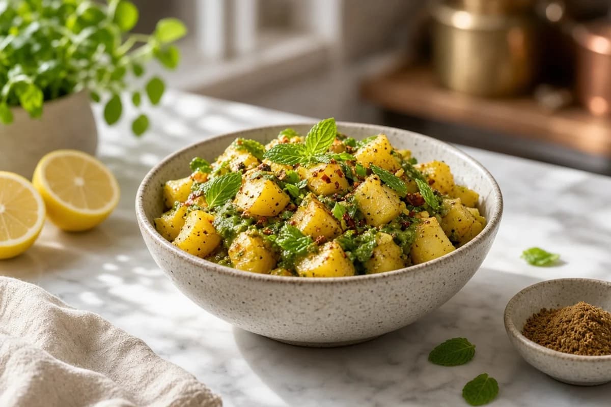 A bowl of diced boiled potato chaat with green herbs, lemon halves and a small bowl of spice.