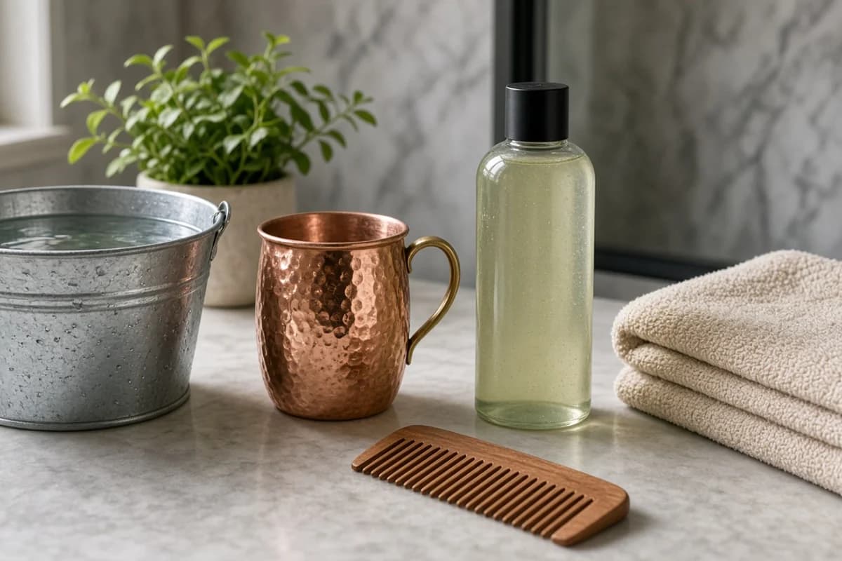 A steel bucket of water and a copper mug with a wooden comb, folded towels and a small plant on a counter.