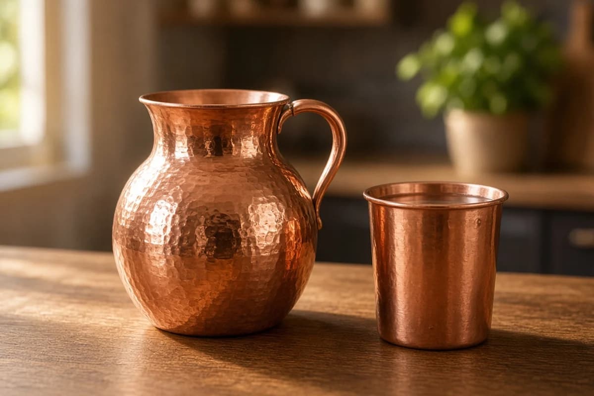 A polished hammered copper jug and a copper tumbler of water on a wooden kitchen counter in morning light.