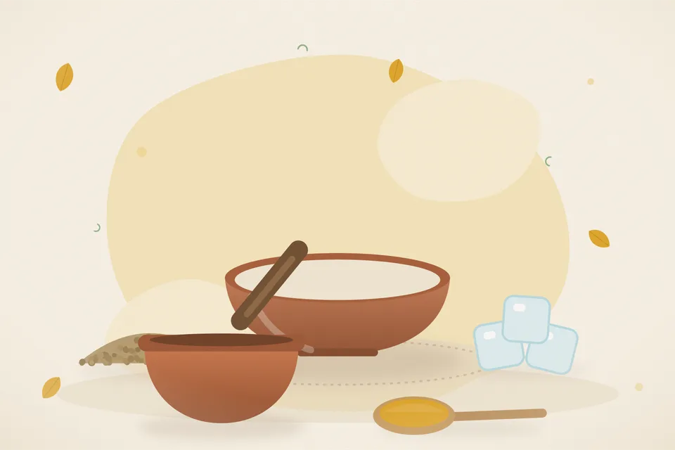 Illustrated still life with coriander seeds, ice.