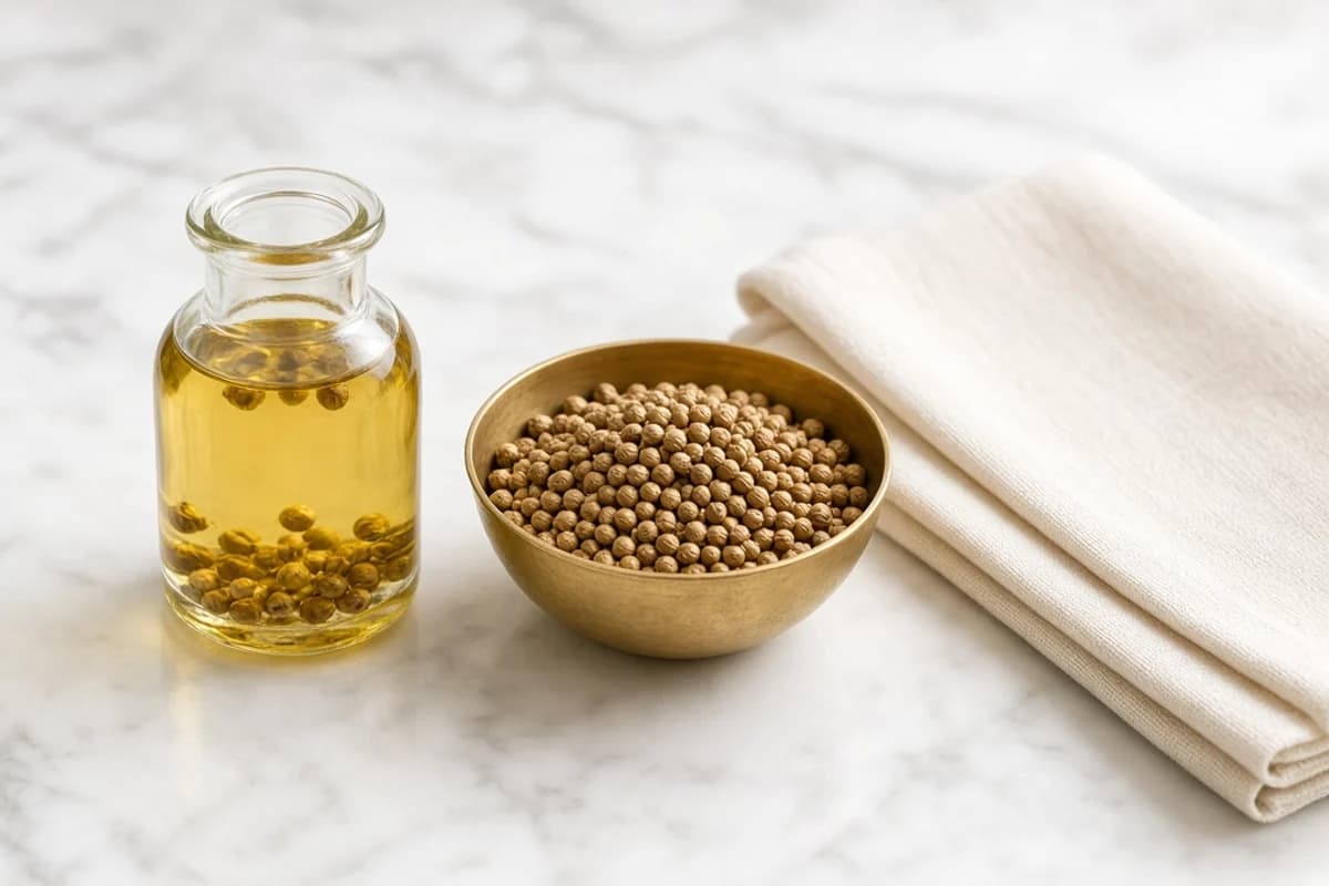 Illustrated still life with coriander seeds, sesame seeds.