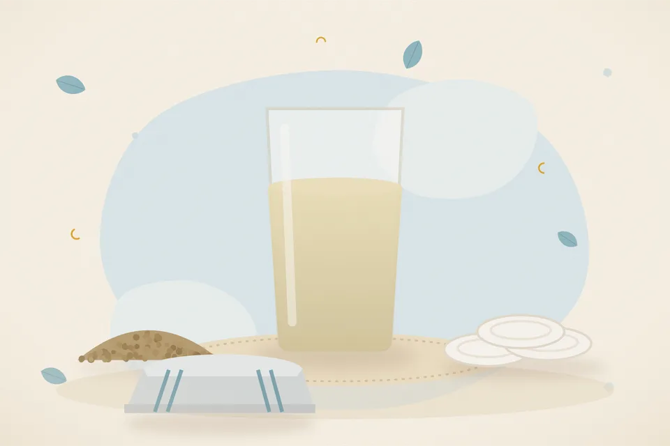 Illustrated still life with coriander seeds, cotton pads, a folded cloth.