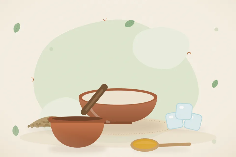 Illustrated still life with coriander seeds, ice.
