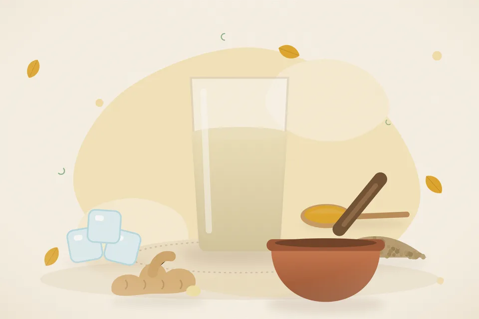 Illustrated still life with ice, coriander seeds, fresh ginger.