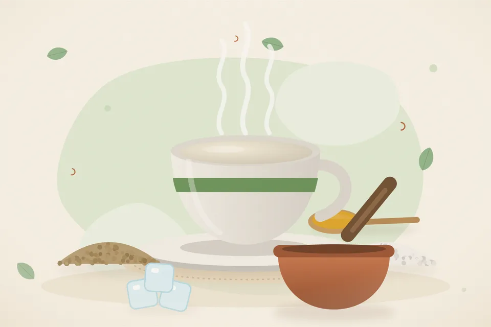 Illustrated still life with coriander seeds, rock salt, ice.
