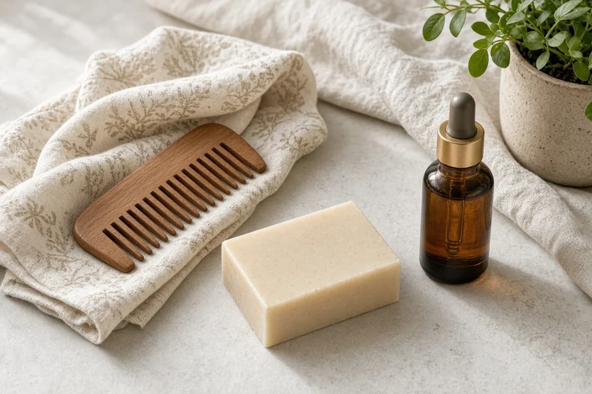 A folded patterned cotton scarf with a wooden comb, a bar of soap and a small bottle of hair oil.