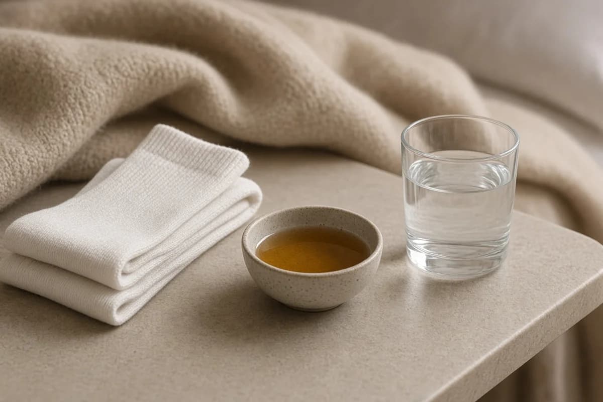Folded white cotton socks beside a small bowl of warm oil, a glass of water and a soft blanket.