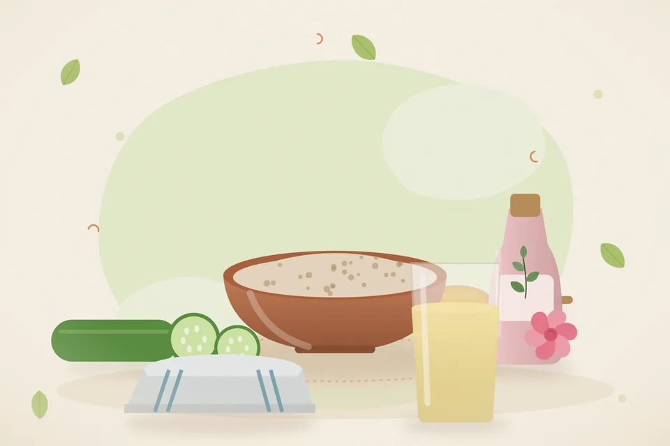 Illustrated still life with cucumber, rose water, a folded cloth.