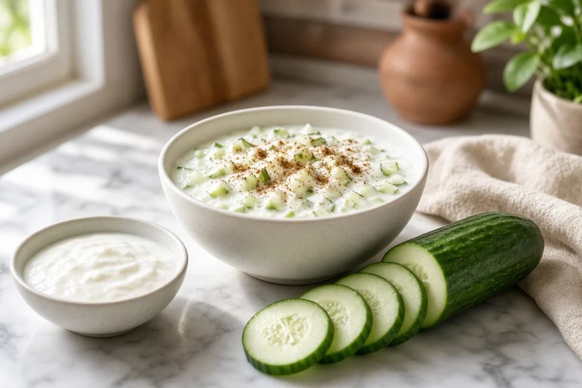 A bowl of cucumber raita with cumin, beside a bowl of plain curd and sliced cucumber.