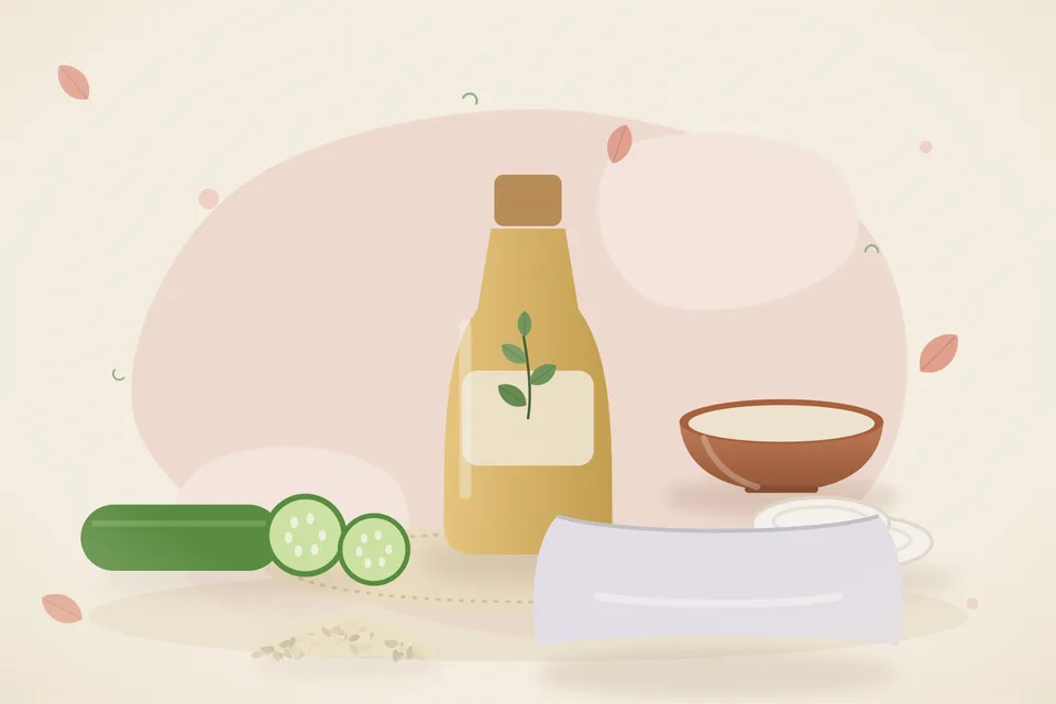 Illustrated still life with cucumber, cotton pads, sesame seeds, a soft pillow.
