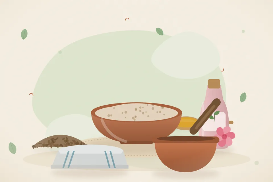 Illustrated still life with cumin seeds, rose water, a folded cloth.