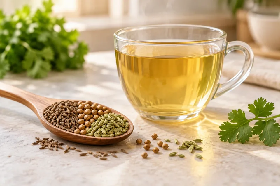 A glass of golden cumin, coriander and fennel tea beside the three whole spices on a wooden spoon.