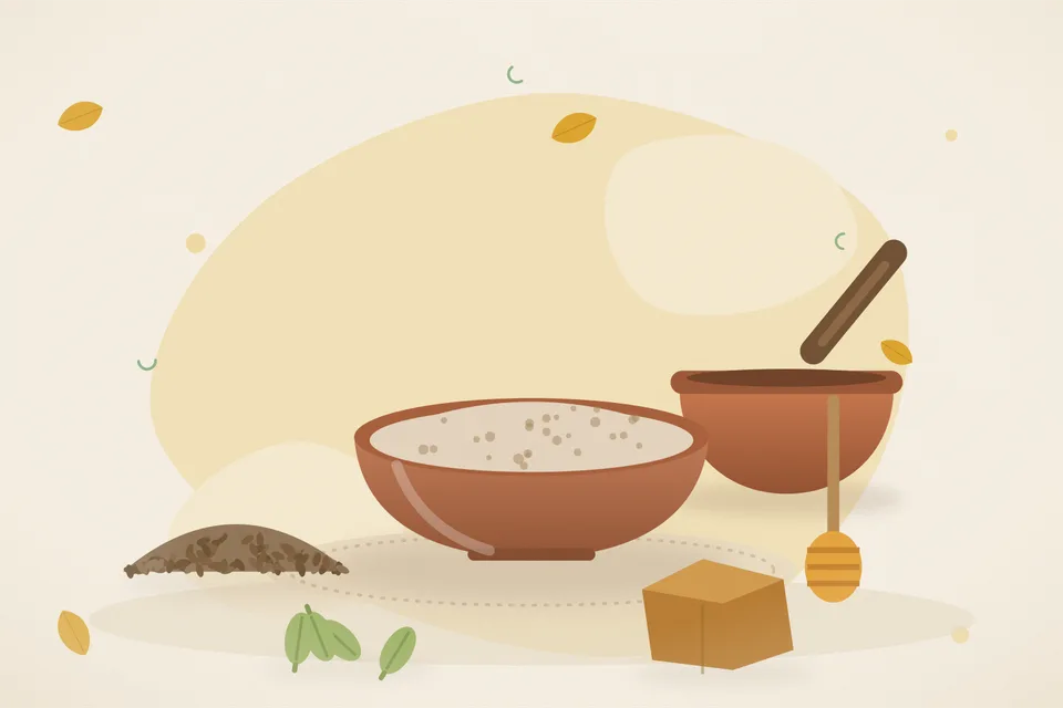 Illustrated still life with cumin seeds, honey, cardamom, jaggery.