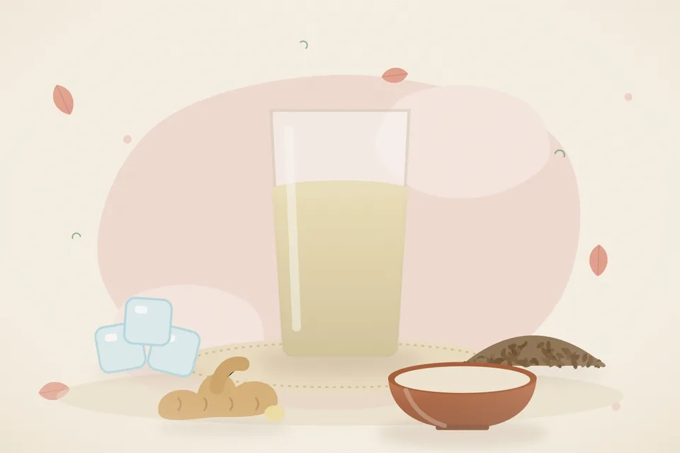 Illustrated still life with ice, cumin seeds, fresh ginger.
