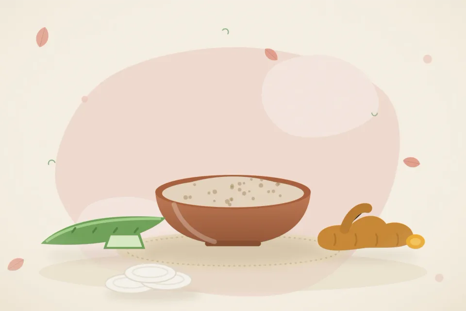 Illustrated still life with aloe vera, turmeric root.