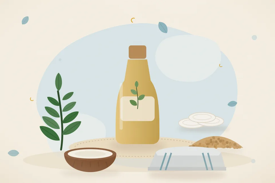 Illustrated still life with curry leaves, chickpeas, coconut.