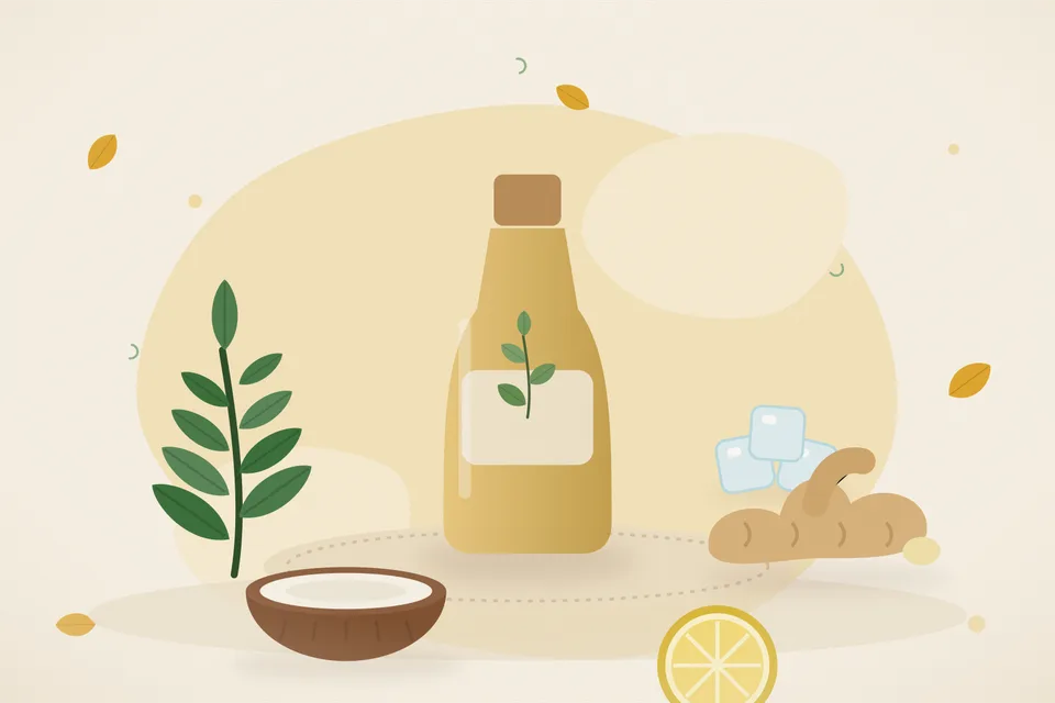Illustrated still life with curry leaves, fresh ginger, coconut, lemon, ice.