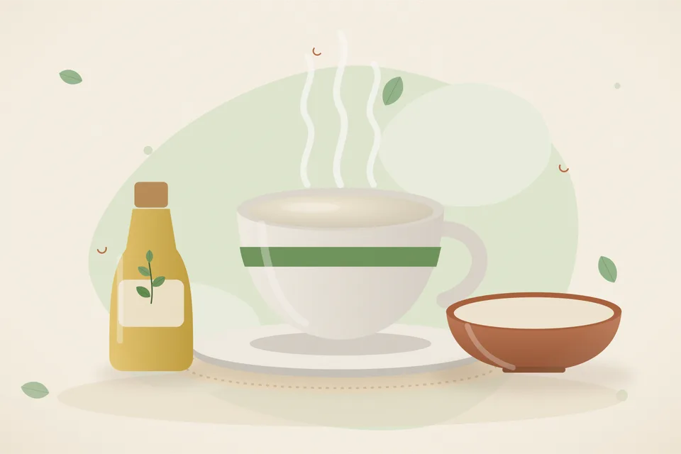 Illustrated Ayurvedic kitchen still life with a bowl, glass and traditional utensils.