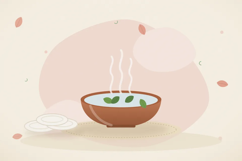 Illustrated Ayurvedic kitchen still life with a bowl, glass and traditional utensils.