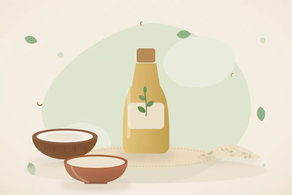 Illustrated still life with coconut, sesame seeds.